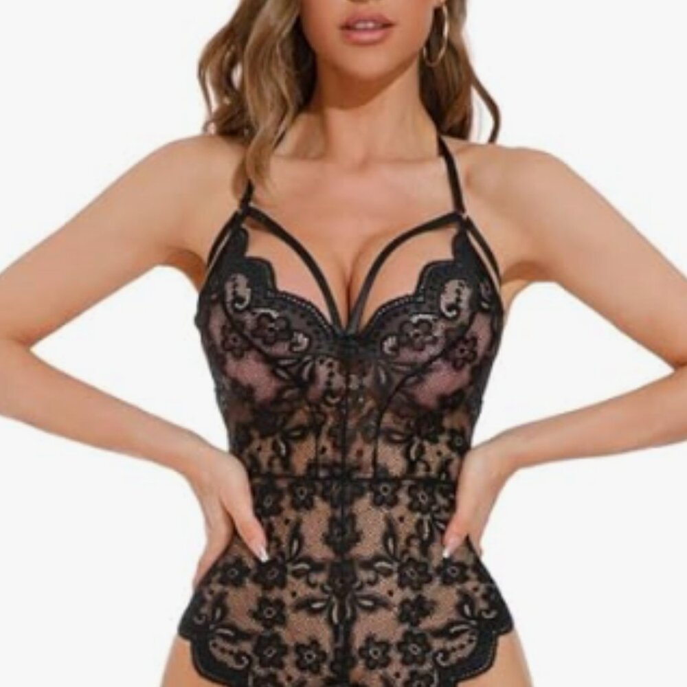 Elegant Seductive Black Scalloped Lace Teddy Bodysuit